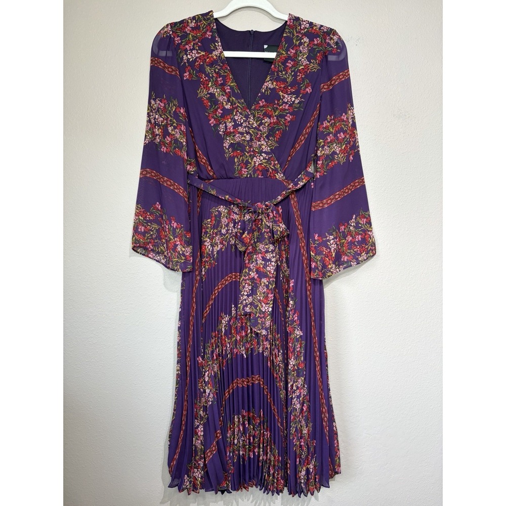 Maison Tara Pleated Floral Sheer Bell Sleeve Midi Dress Size 4 Purple Surplice